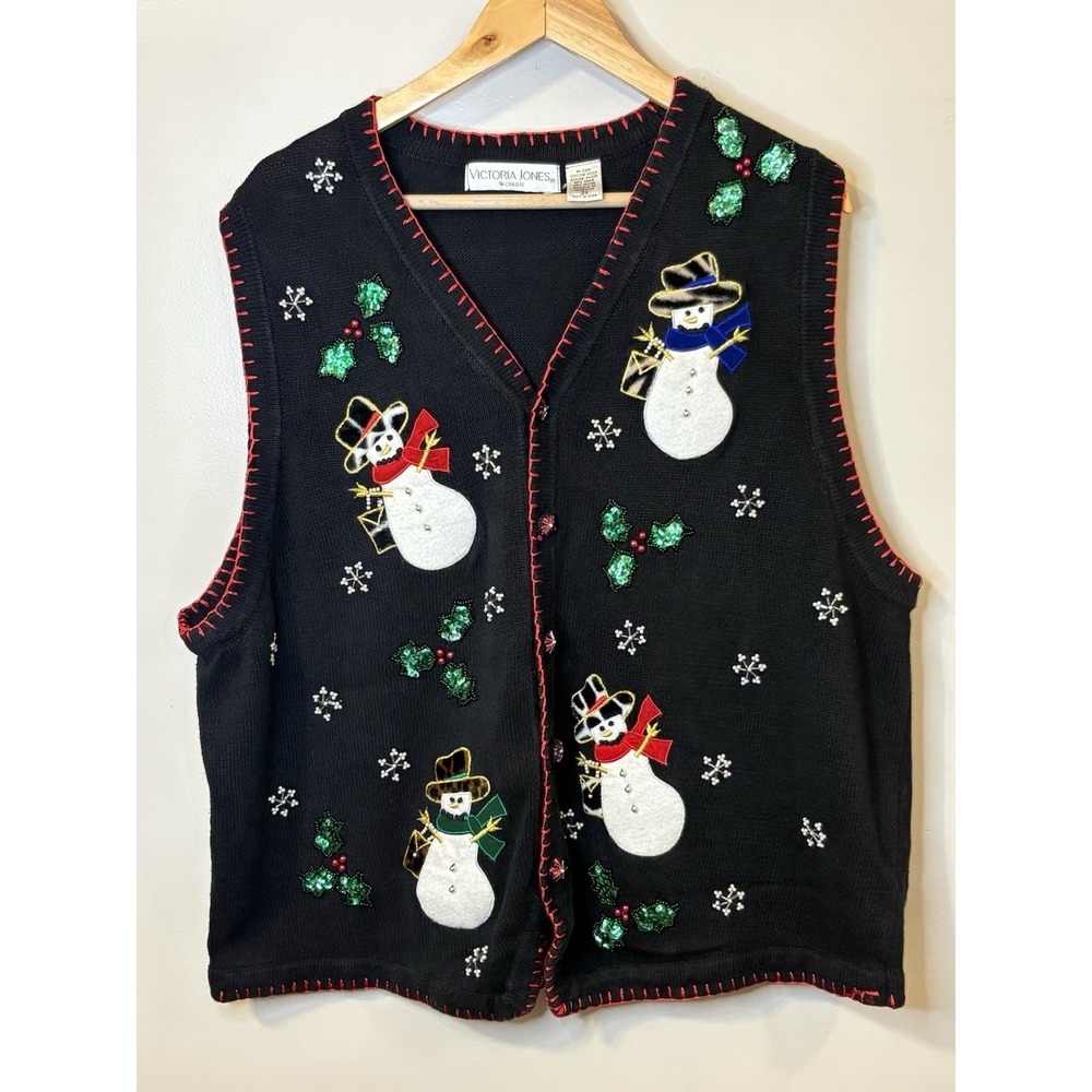 Victoria Jones BlackChristmas Snowman Sweater Vest Women's 2XL Regular